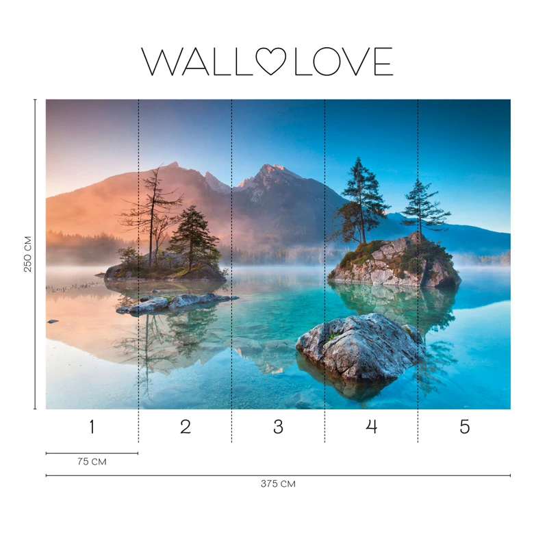 Bergsee-Fototapete Alpen Blau Türkis – Vliestapete 3,75 m x 2,50 m Naturmotiv 