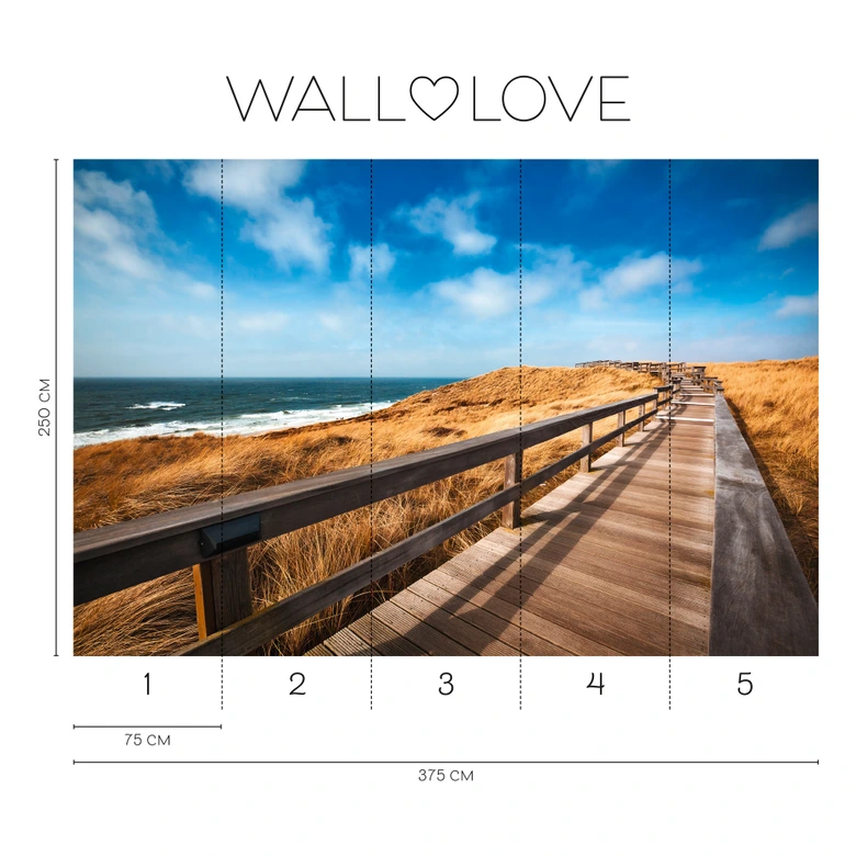 Strand-Fototapete Steg Dünen Blau Braun – Vliestapete 3,75 m x 2,50 m Meermotiv 