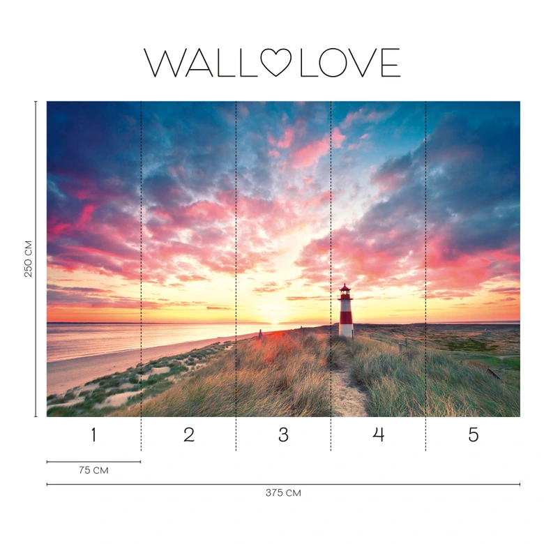 Leuchtturm-Fototapete Sonnenuntergang Rosa Blau – Vliestapete 3,75 m x 2,50 m Küstenmotiv 