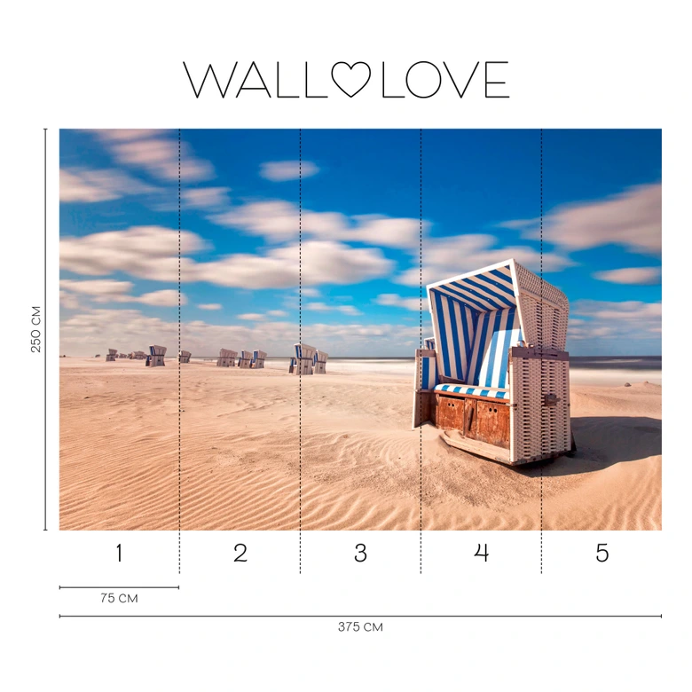 Strandkorb-Fototapete Dünen Blau Beige – Vliestapete 3,75 m x 2,50 m Nordseefeeling 