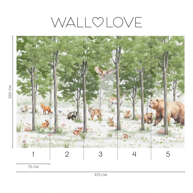 Fototapete Waldtiere im Wald Grün Weiß 3,75 x 2,50 m - Kindertapete Vlies 