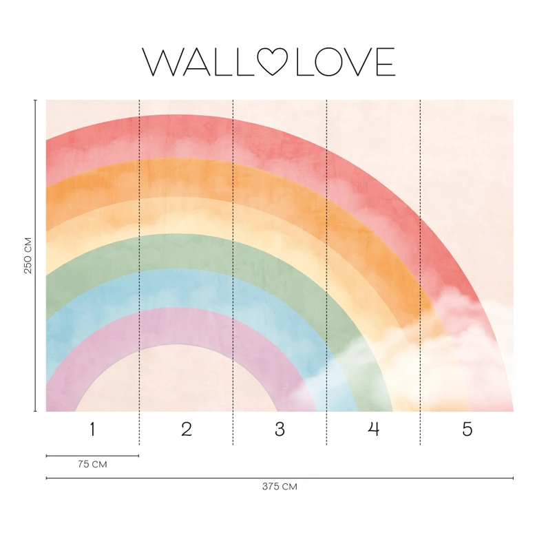 Fotobehang regenboog pastel roze kleurrijk 3,75 x 2,50 m - vliesbehang voor kinderen 