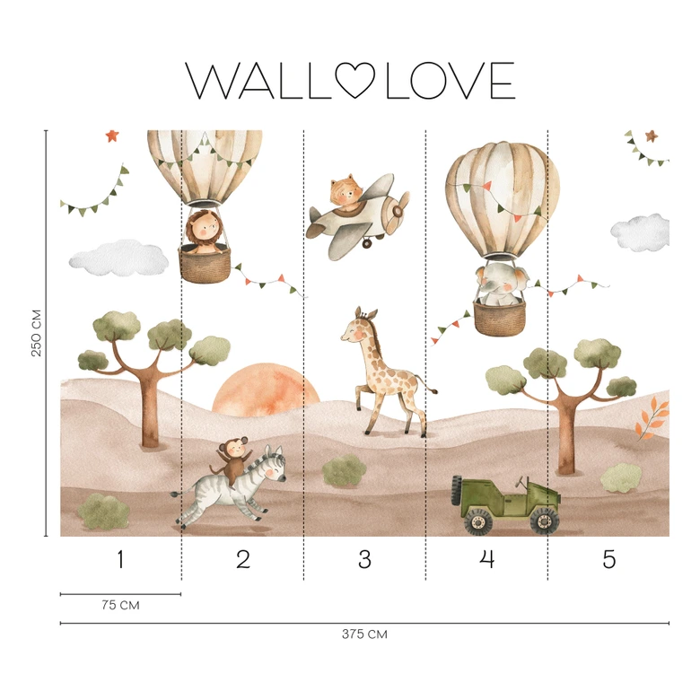 Safari Kids Dieren Beige Groen 3,75 x 2,50 m - Kinder fotobehang avontuur 