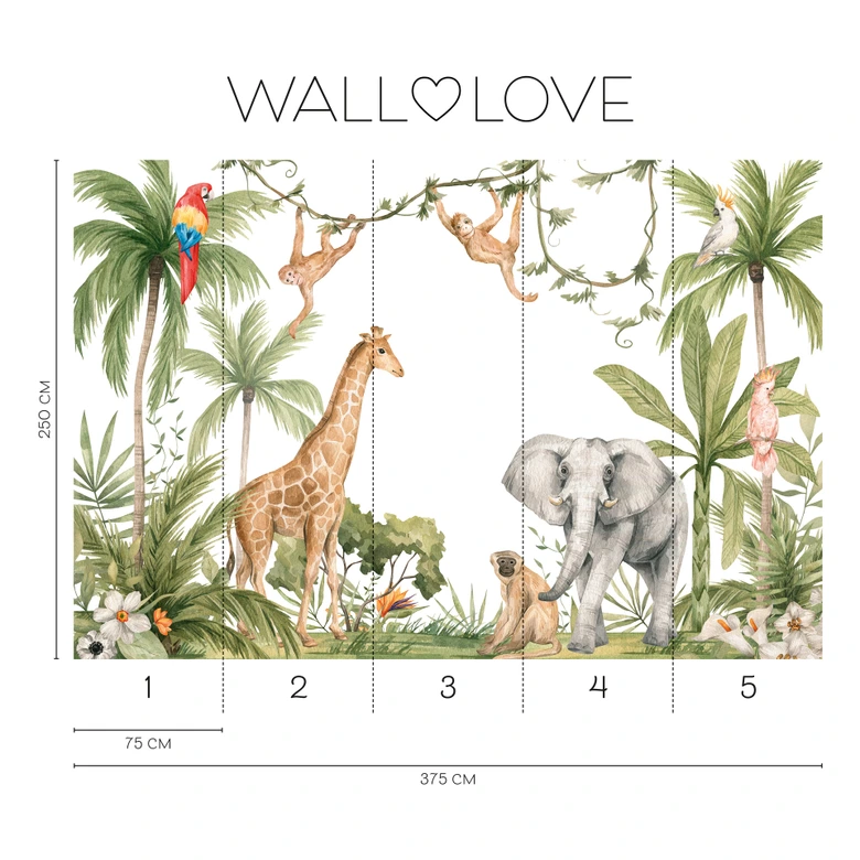 Papier peint animaux jungle vert blanc 3,75 x 2,50 m - papier peint enfants tropical intissé 