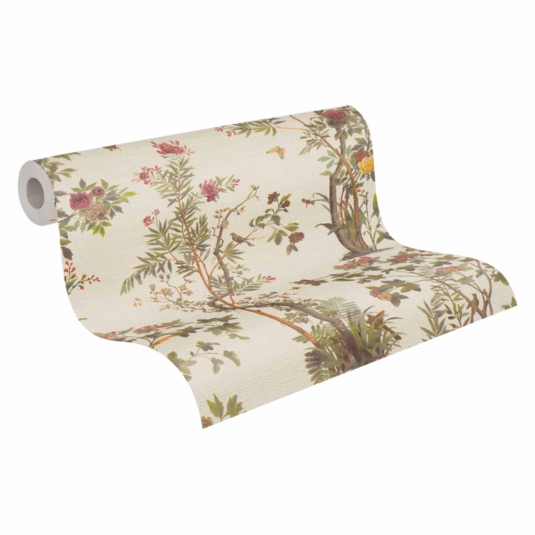 Papel pintado de motivo floral con mariposas crema verde rosa - Papel pintado no tejido motivo naturaleza 