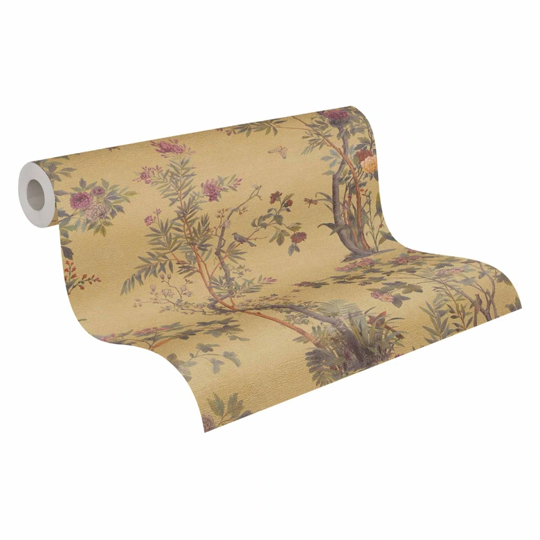 Tapety wg wzoru kwiatowego z motylami musztardowy żółty zielony różowy - tapeta z włókniny z motywem natury 