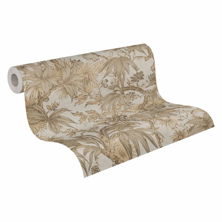 Botanisk tapet beige brun - exotisk tapet med bladmönster - Icke-vävd tapet 