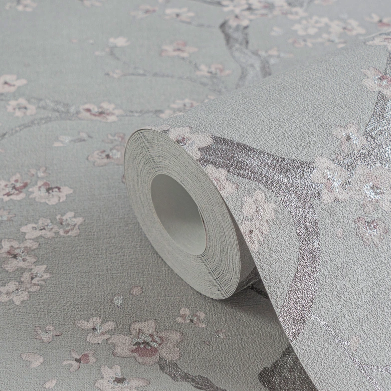 Blütenzweig-Tapete Grau Weiß Rosa – Vliestapete mit Kirschblüten  