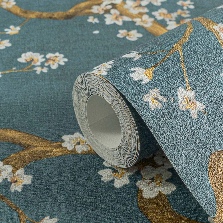 Papier peint branche fleurie vert foncé or blanc - motif fleurs asiatiques - papier peint intissé 