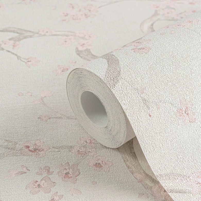 Kirschblüten-Tapete Hellgrau Rosa Weiß – Japanisches Blütenmotiv – Vliestapete 