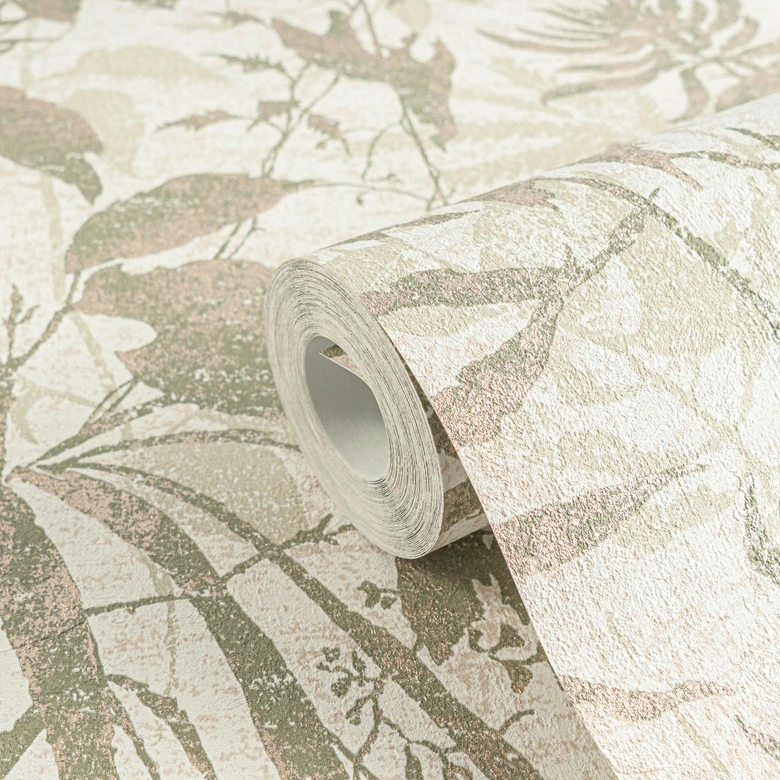 Papel pintado botánico beige verde - motivo de hojas de plantas - Papel pintado no tejido  