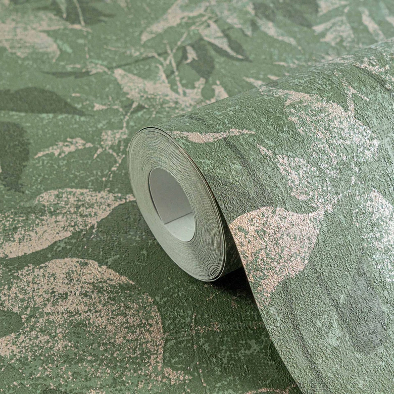 Papel pintado selva arena verde oscuro - diseño de plantas exóticas  