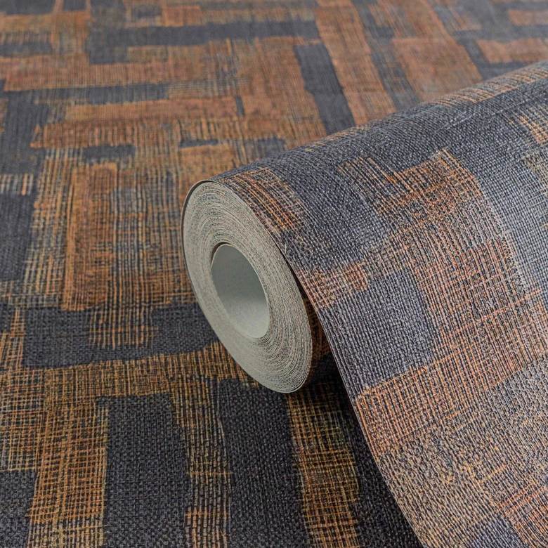 Papel pintado texturado con estructura de lino marrón negro - Muestra geométrica 