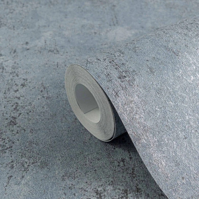 Vliestapete in Beton-Optik Blau Grau – Putzstruktur Tapete matt  