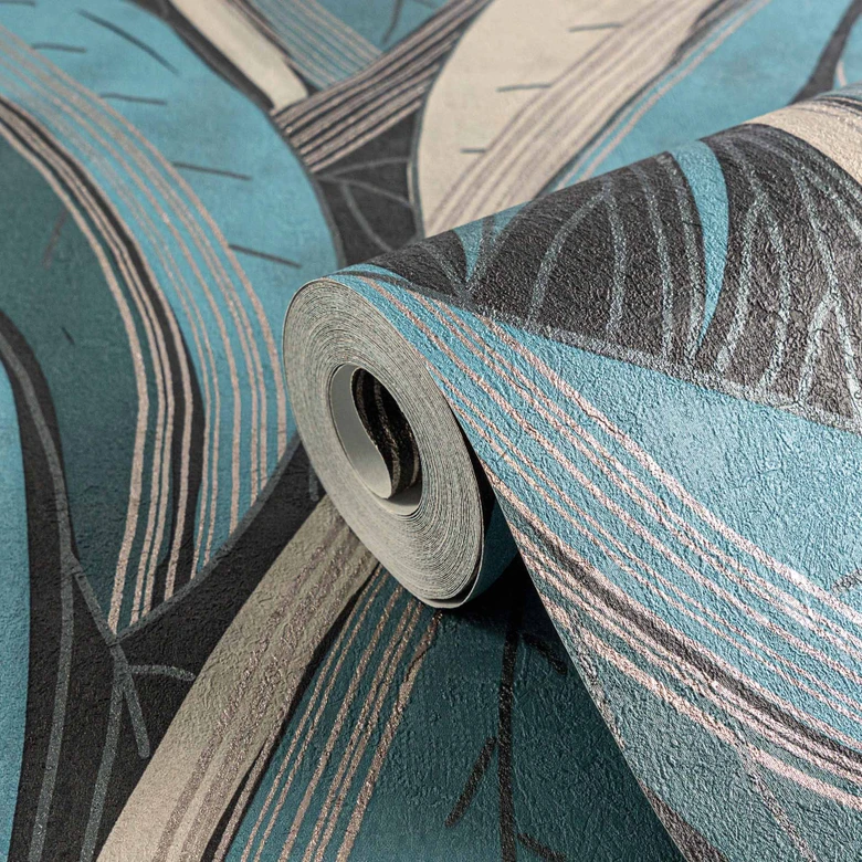 Papel pintado Jungla azul petróleo blanco - grafico moderno aspecto hoja - Papel pintado no tejido 