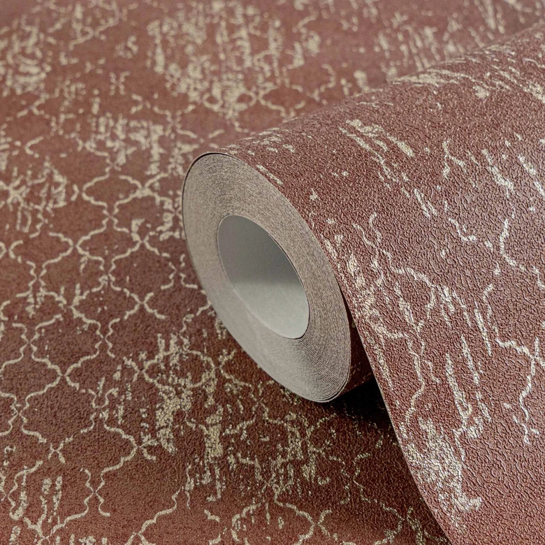 Papel pintado ornamental rojo oro - Papel no tejido con aspecto vintage y textura brillante 