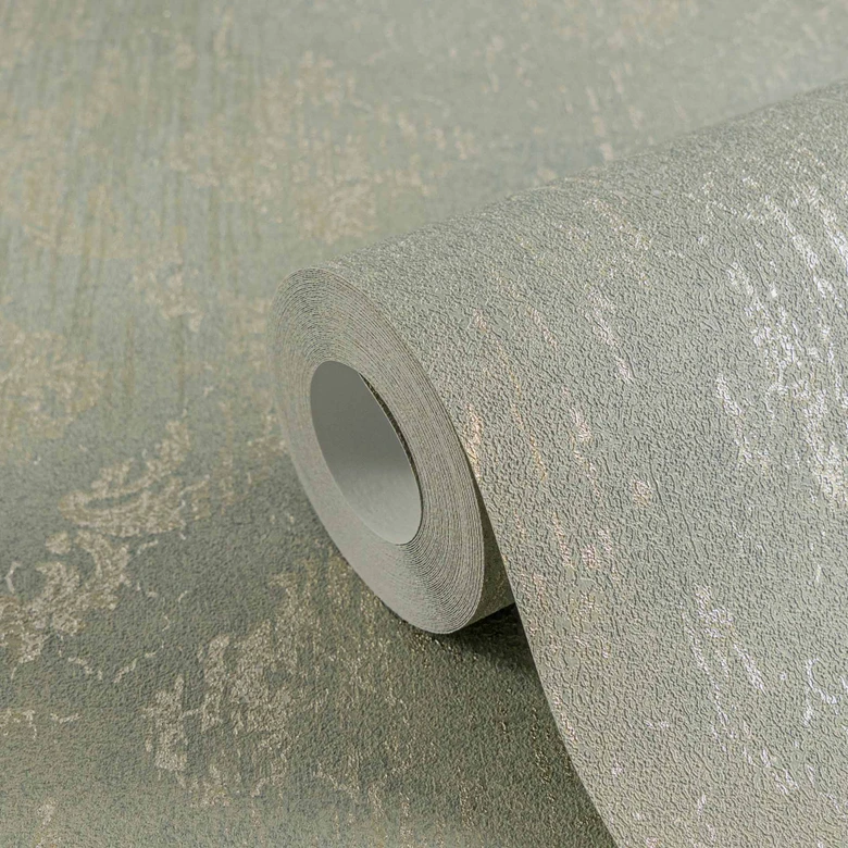 Papier peint ornemental vert menthe argenté - Papier peint intissé brillant avec motif vintage 