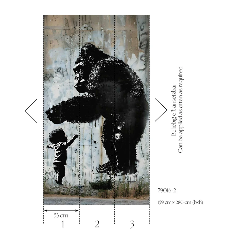 Fototapete Urban Art Gorilla Kind – Streetart in Grau Schwarz – Vliestapete erweiterbar 