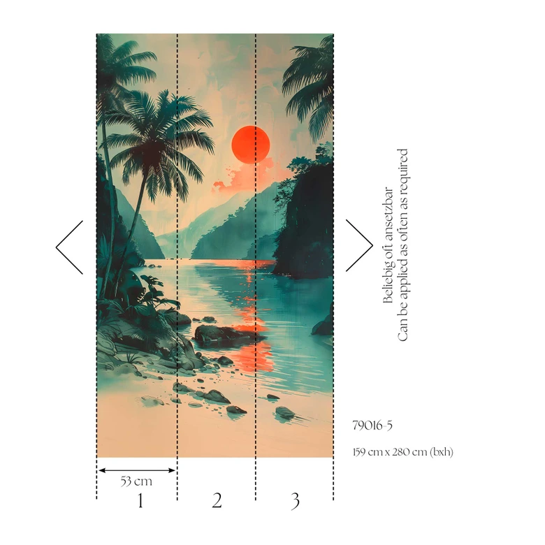 Puesta de sol tropical, palmeras, lago - Papel pintado no tejido, extensible, naturaleza 