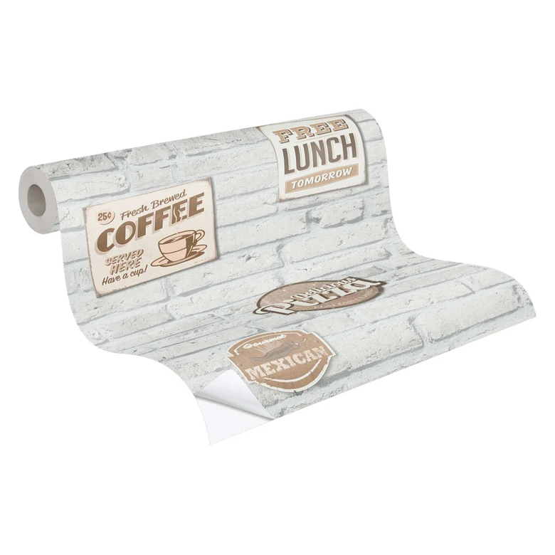 Selbstklebende Tapete & Möbelfolie - Kaffe und Pizza - weiß, beige - Rolle 840x53 cm  