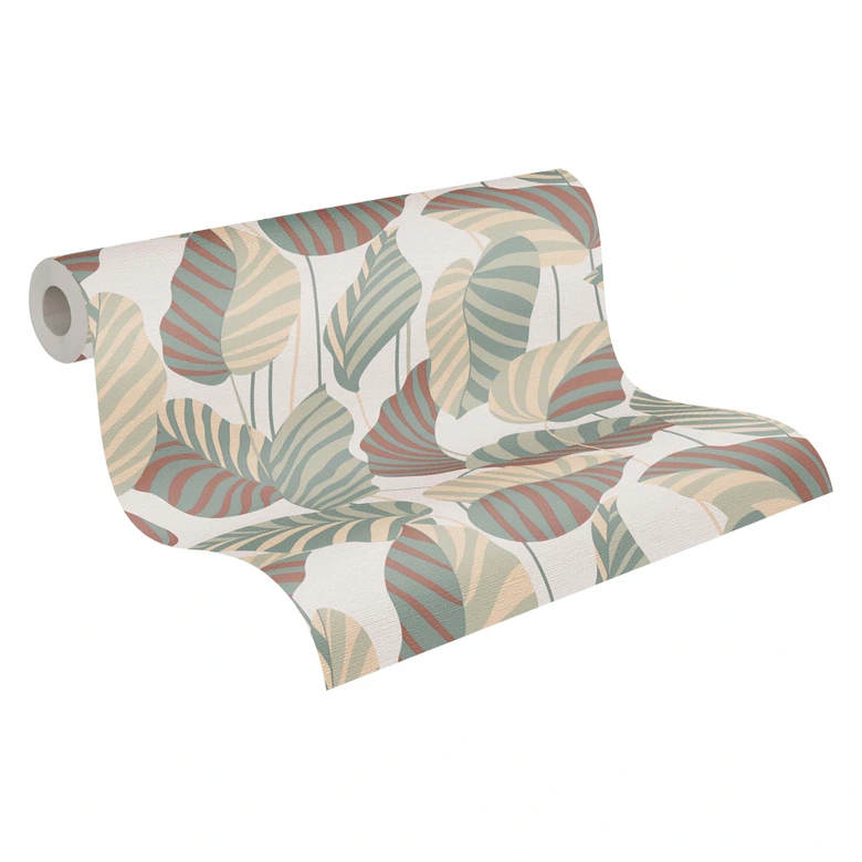 behang planten bladeren wit groen oranje rood - modern vliesbehang 