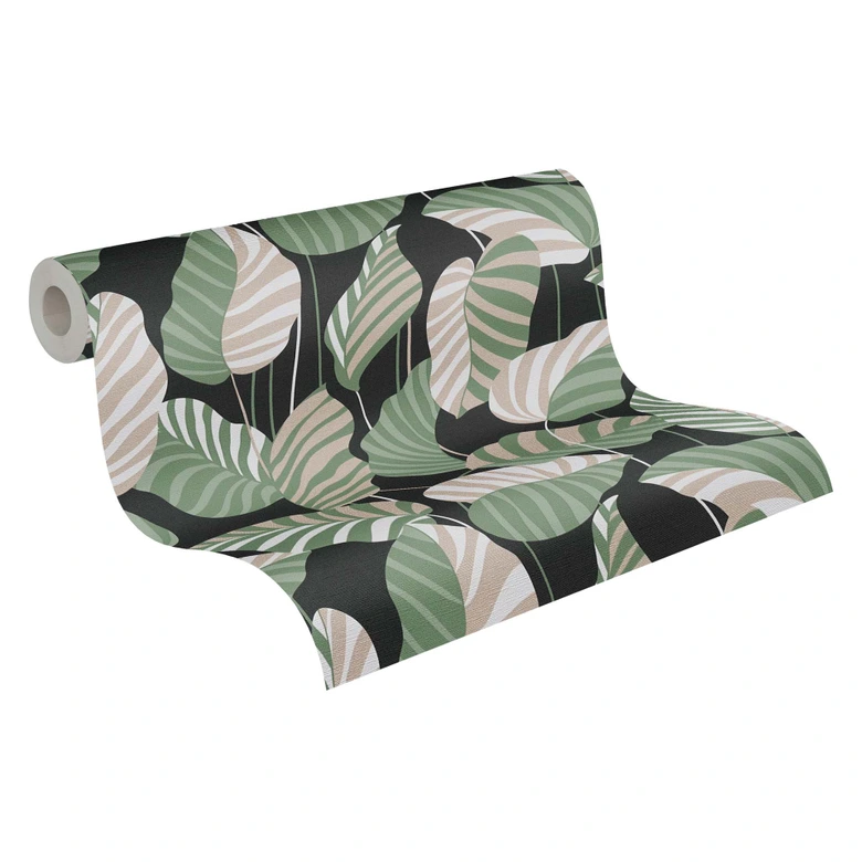 Papier peint Feuilles Vert Noir - papier peint intissé végétal floral moderne 