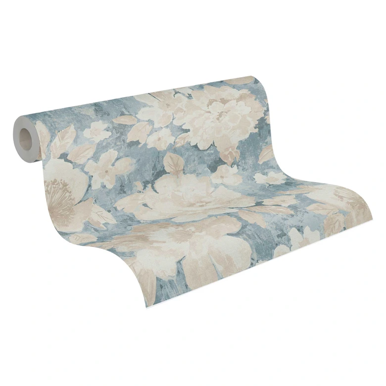 Papier peint floral Vintage bleu beige - papier peint fleuri rétro - papier peint intissé 