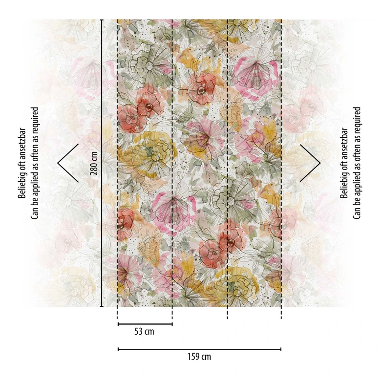 Vliestapete mit Blumenmuster Bunt Aquarell - Florale Fototapete - Modern 
