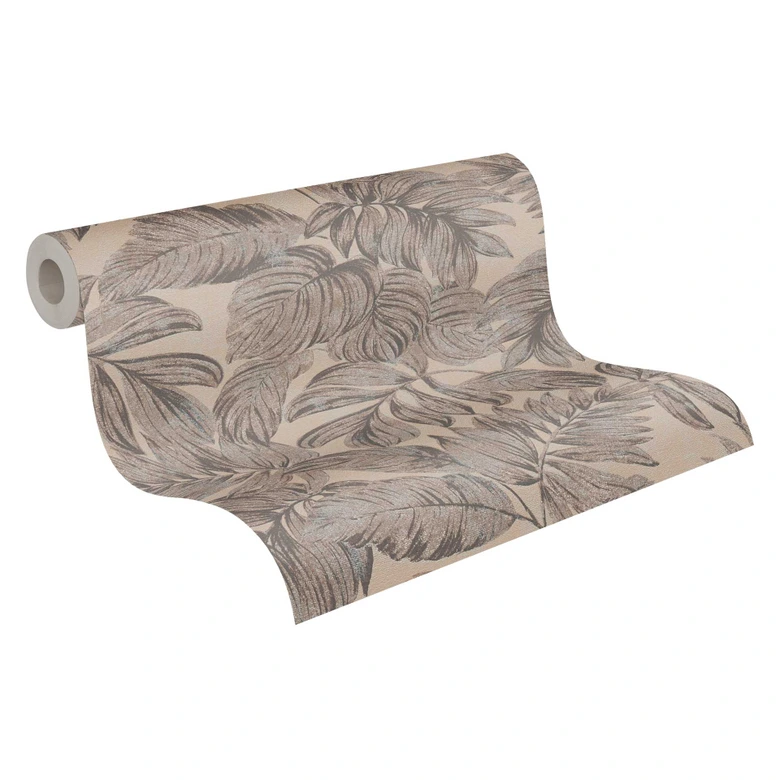 Papel pintado no tejido de hojas de palmera marrón gris - papel pintado jungla para dormitorio 