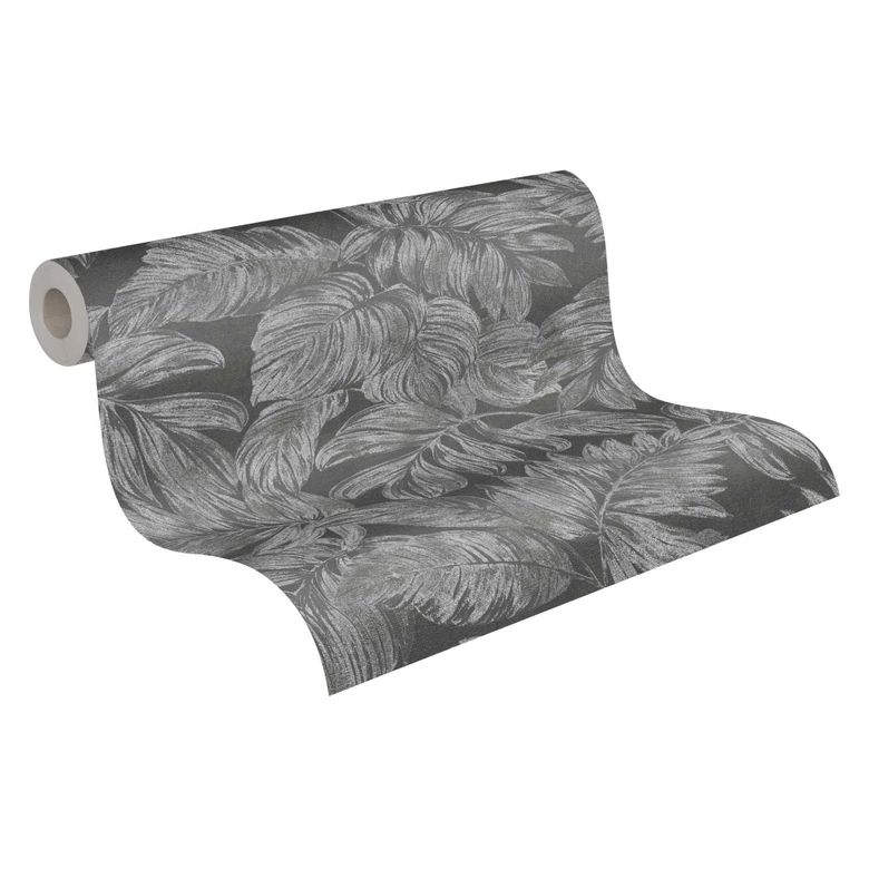 papier peint jungle anthracite gris argenté avec effet métallique - papier peint palmier 