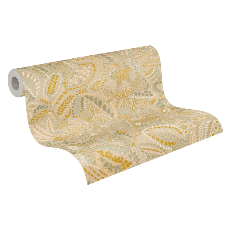 Icke-vävd tapet etnoblommor blad beige kräm tapet tapet tapet blad tendrils  