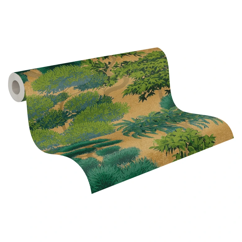 Papier peint intissé arbres nature vert or Papier peint mural forêt feuilles paysage  