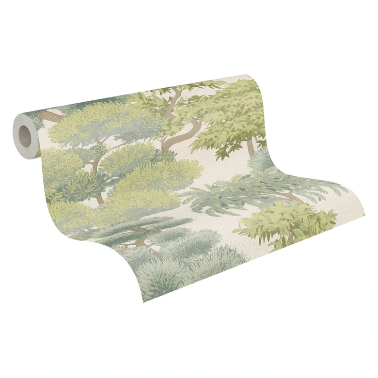 Papier peint intissé Arbres Nature vert crème Papier peint mural Forêt Feuilles Paysage  