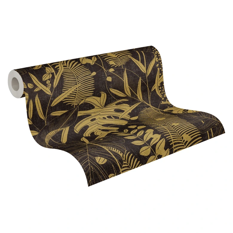 Vliestapete Palmenblätter schwarz gold metallic Tapete Wandtapete  Tropen 