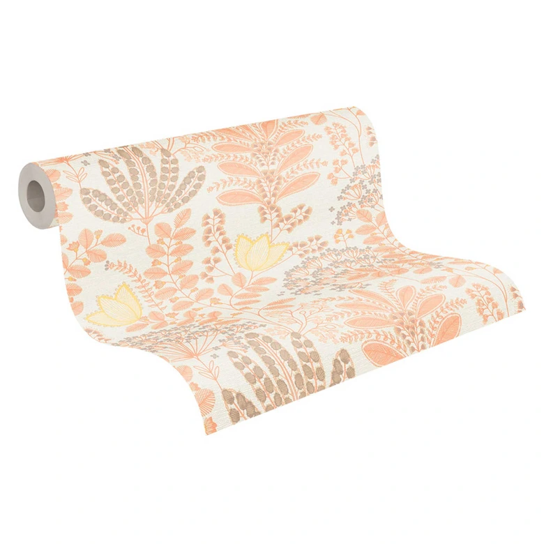 Papier peint intissé à feuilles rétro blanc orange - papier peint floral fleurs 