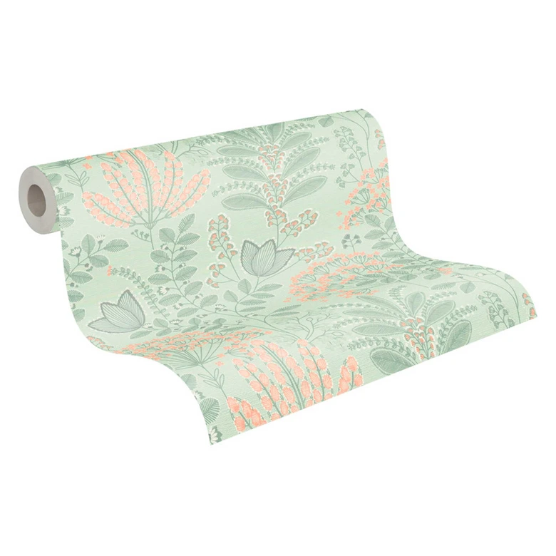 Papier peint intissé avec feuilles style rétro Gris Vert - papier peint floral Fleurs 