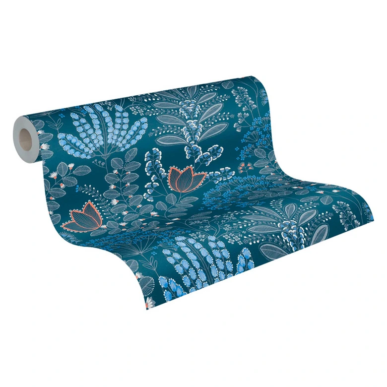 Papier peint à fleurs style rétro Bleu Blanc - papier peint intissé floral avec feuilles 