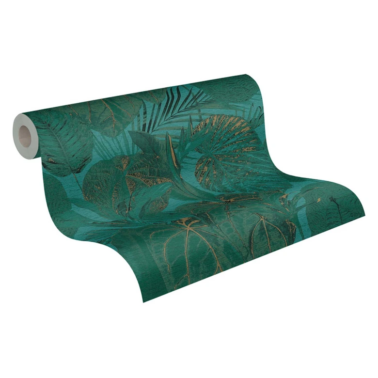 Papier peint jungle ton sur ton Bleu Vert - papier peint intissé floral avec feuilles 