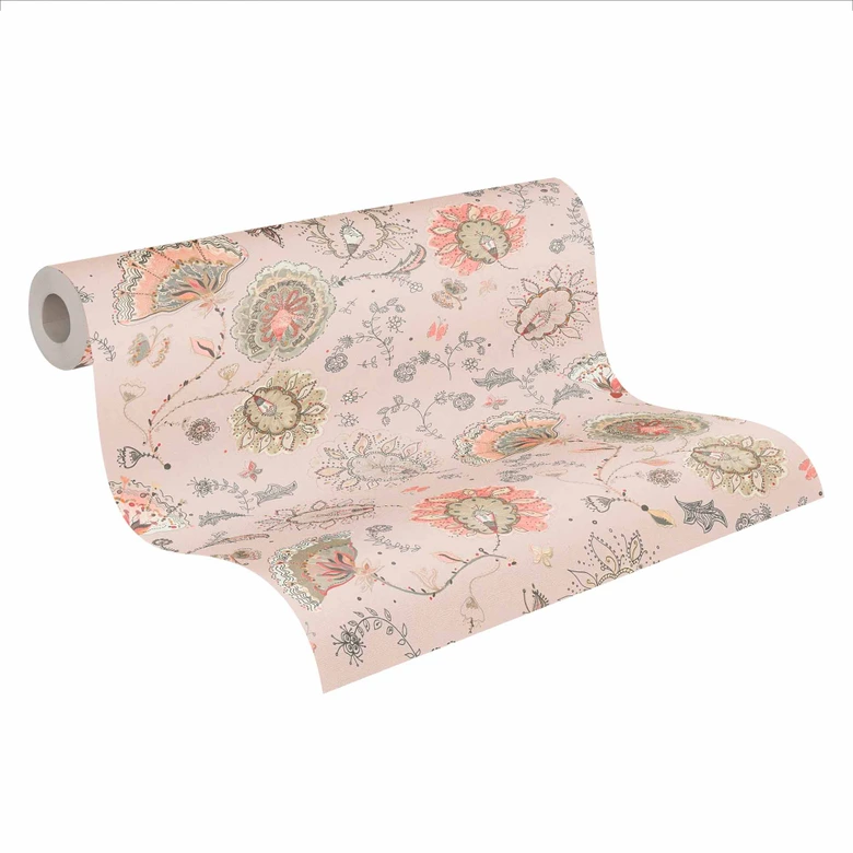 Pflanzentapete Beige Rosa - Florale Tapete Klassisch - Naturtapete 