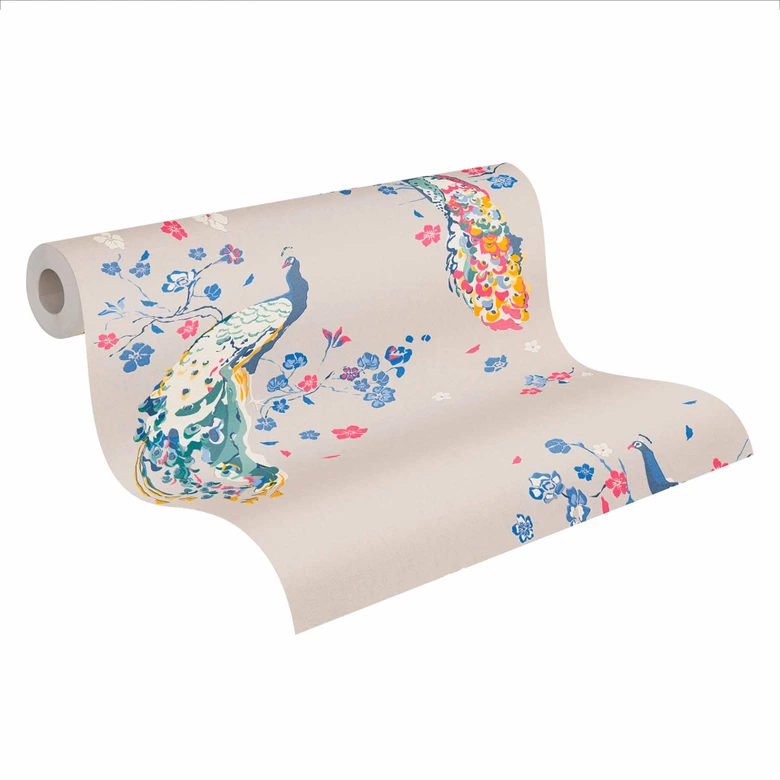 blomstertapet gråblå - blomstertapet med fugle - non-woven tapet påfugl 
