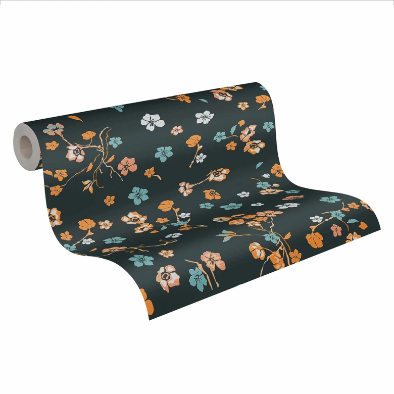 Blumentapete Schwarz Gelb - Naturtapete Designer - Vliestapete Floral 