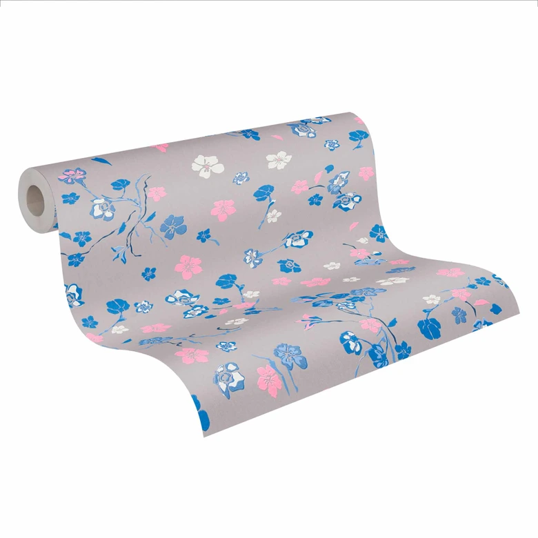 papier peint fleuri gris bleu - papier peint floral - papier peint intissé nature 