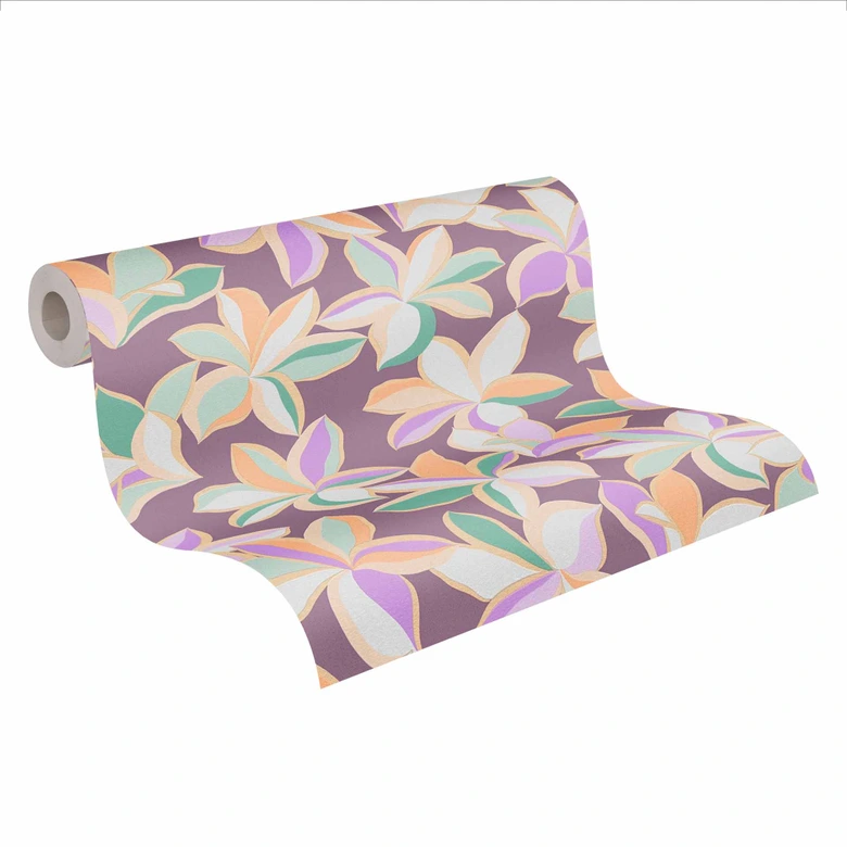 Florale Tapete Hawaii Lila Orange - Blumentapete Vlies - Designertapete Natur 