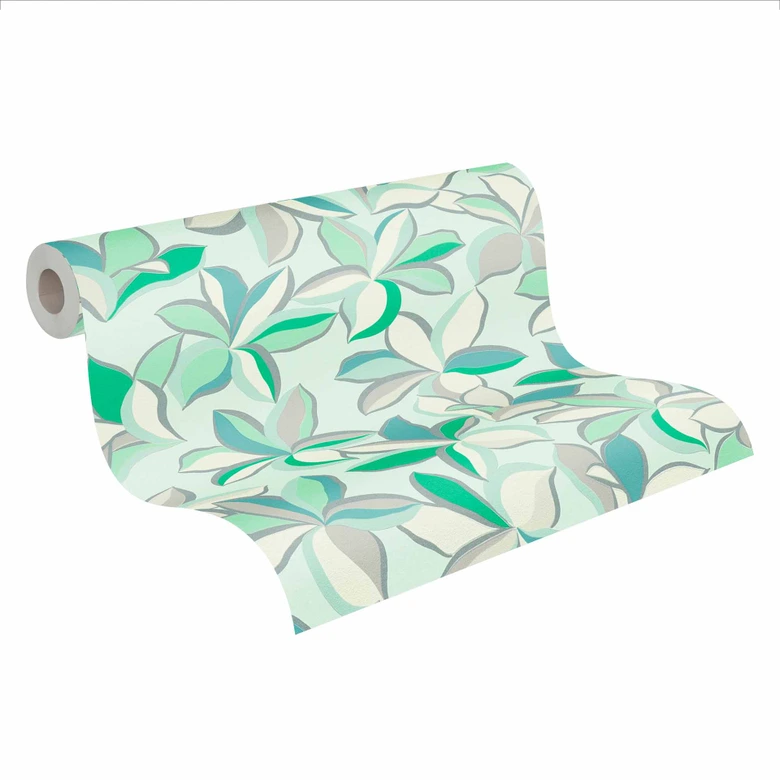 Naturtapete Hawaii Grün Weiß - Vliestapete Design - Blumentapete Floral 