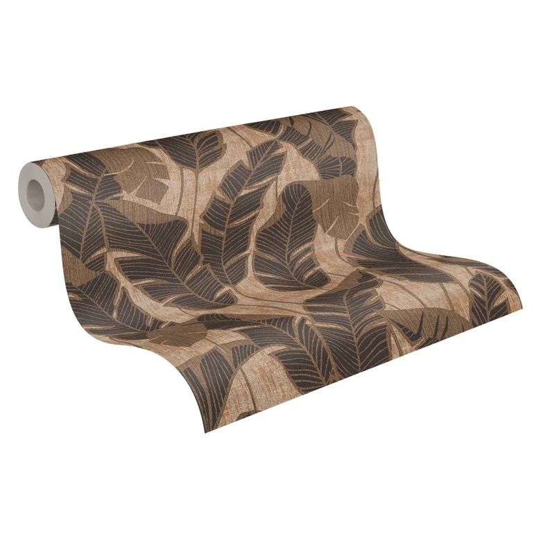 Blätter-Tapete leicht glänzend Beige Schwarz - Florale Mustertapete Pflanzen 