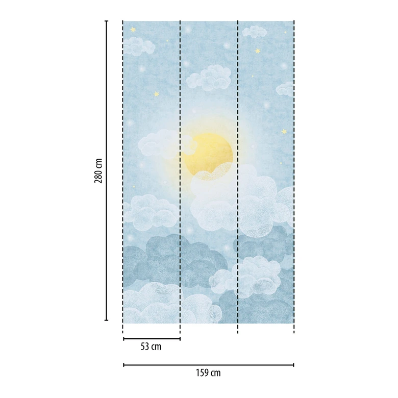 Fototapete Wolkenhimmel Hellblau Gelb - Kinderzimmer Tapete mit Sonne  