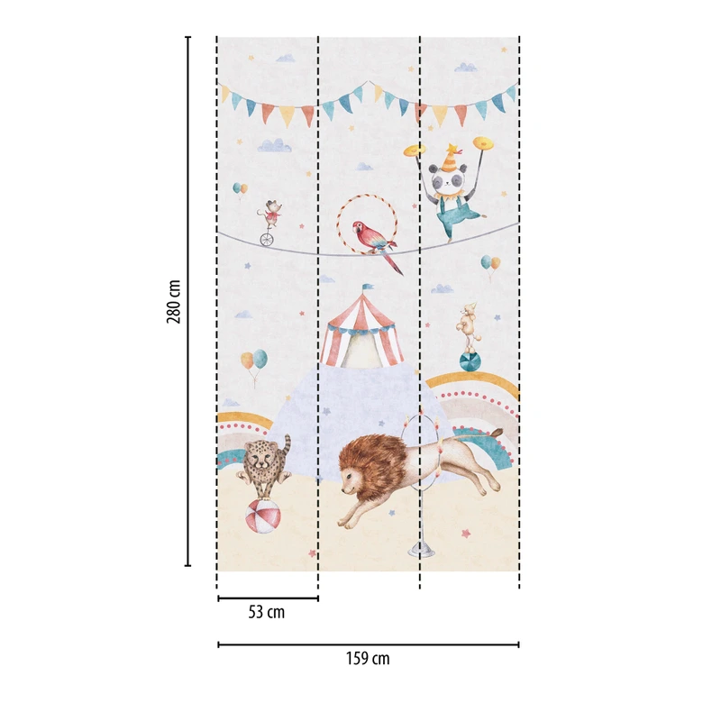 Circus wallpaper mural for children's room colorful - animals and circus tent - non-woven wallpaper 159x280cm 