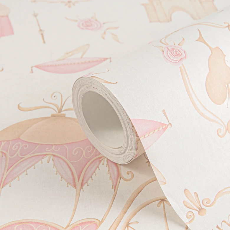 Prinses behang roze beige - kinderbehang met kasteel & koets  