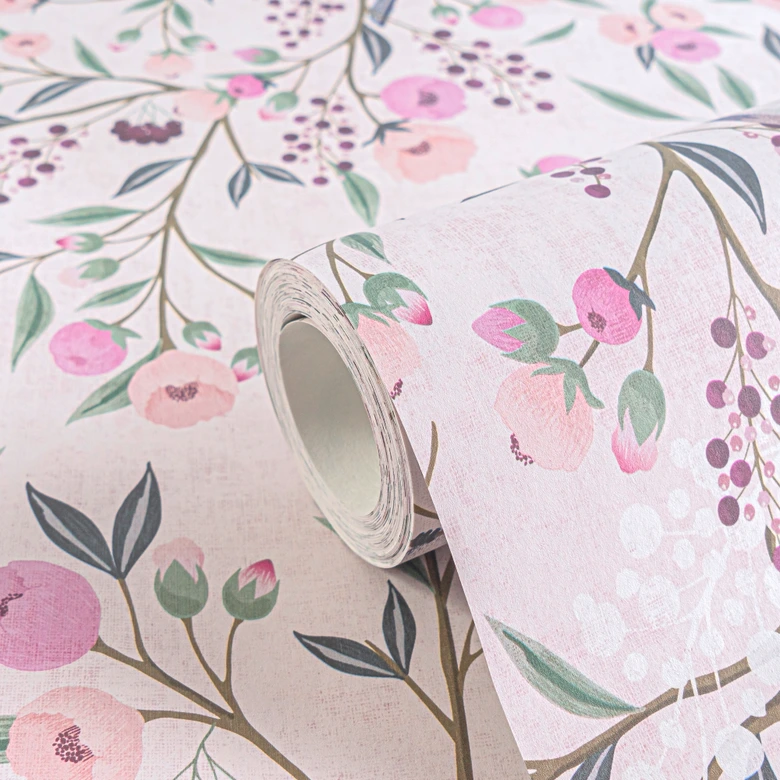 Papel pintado de muestra floral rosa violeta - pájaros y flores 