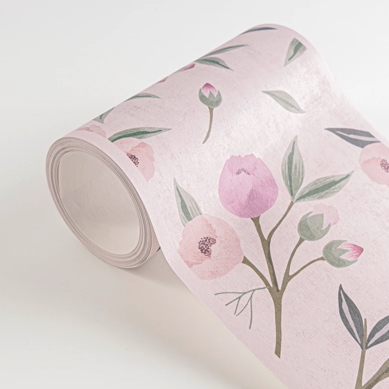 Tapetbård rosa violett med fågel - blomranka & naturmotiv 